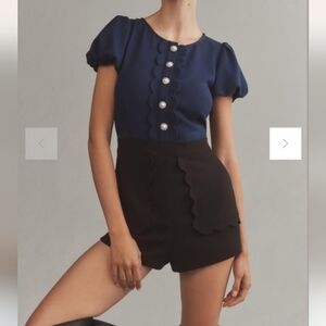 Maeve Puff-Sleeve Colorblock Scallop Romper